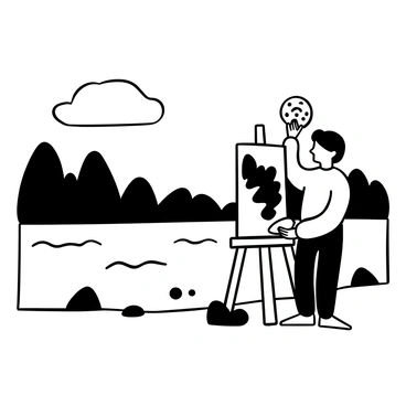 A person named "Lou" standing on the shore of a lake, holding a paintbrush in one hand and a palette in the other. An easel is set up in front of Lou, displaying a partially painted landscape. The lake reflects the "sunset" with distinct shapes of trees lining the shore, creating a silhouette effect. There are rocks scattered near the water's edge, and soft waves lapping at the shore. In the background, "clouds" stretch across the sky, adding texture to the scene.
