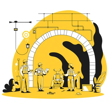 A group of engineers wearing safety helmets and reflective vests is gathered in an underground tunnel, examining its structural integrity. One engineer is holding a clipboard with notes, while another is using a flashlight to inspect the walls. Large concrete supports are visible, alongside exposed wiring and pipes. The atmosphere is illuminated by bright work lights placed strategically around the area. The ground is uneven with scattered tools and equipment nearby.