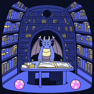 A dark, cavernous lair filled with towering shelves of ancient tomes. The tomes are bound in leather and have gold lettering on their spines. In the center of the lair, a mythical beast with shimmering scales and large wings stands watch. The beast has bright, intelligent eyes and sharp claws, and it is positioned protectively in front of a large, ornate wooden table covered with scrolls and artifacts. The atmosphere is filled with the soft glow of magical light emanating from crystal orbs placed around the room.