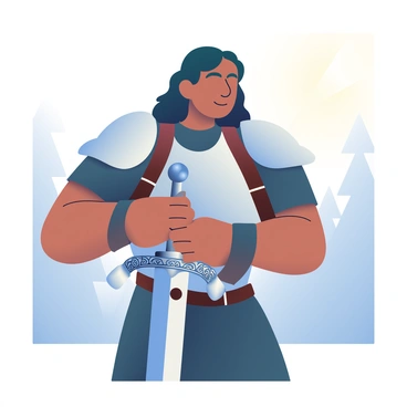 A warrior with medium skin and long, dark hair is preparing for battle in a misty morning setting. They are tightening their silver armor, which reflects the soft morning light, and their hands are engaged in securing the straps. The warrior is gripping a shiny, ornate sword with a detailed hilt, ready for combat. In the background, a layer of mist gently blankets the ground, partially obscuring the silhouettes of trees. Soft rays of light filter through the mist, casting an ethereal glow on the scene.