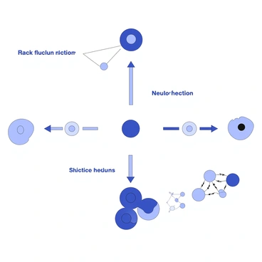 A diagram is depicting the nuclear fission process step by step. At the top, there is a representation of a heavy atomic nucleus, such as uranium, with neutrons approaching it. Below the nucleus, there are labeled arrows showing the pathway of the incoming neutrons colliding with the nucleus, leading to its splitting. Once the nucleus splits, two smaller atomic nuclei are shown along with additional neutrons being emitted, indicated by arrows. The emitted neutrons are then shown colliding with other heavy nuclei, illustrating the potential for a chain reaction. Each step is clearly labeled, providing an easy-to-understand flow of the nuclear fission process.