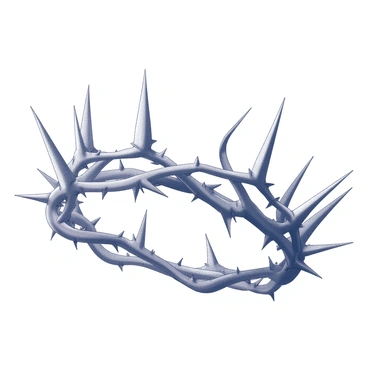 A crown made of intertwined thorns and vines. The thorns are sharp and pointed, jutting out in various directions, while the vines twist elegantly around each other, creating a textured and intricate design. The crown has a sense of movement as the vines seem to flow and curl gracefully. The base of the crown features small leaves that add to the organic feel of the piece. The overall shape is circular, designed to fit upon a head, with an emphasis on the contrast between the rugged thorns and the softer, flowing vines.