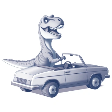A T-Rex seated in a tiny convertible car. The dinosaur has a large grin on its face, showcasing sharp teeth. Its small arms are gripping the steering wheel in an enthusiastic manner. The convertible is compact and detailed, with visible wheels and a shiny body. The wind appears to be blowing through the dinosaur's scales, creating a sense of motion. The scene captures the T-Rex enjoying its drive, with its large head slightly tilted back in joy.