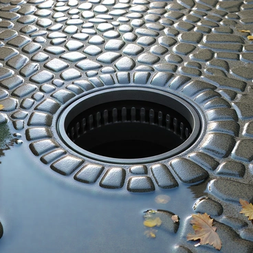 A street drain with a metal grate positioned on the surface, surrounded by cobblestone pavement. Water is being drawn back up into the sewer system, creating small ripples on the surface of the puddles nearby. The scene shows glistening wet stones reflecting the surrounding environment. Nearby, a few fallen leaves are scattered on the ground, adding detail to the setting. The drain has small openings where the water is disappearing, creating a sense of movement as it flows downward.