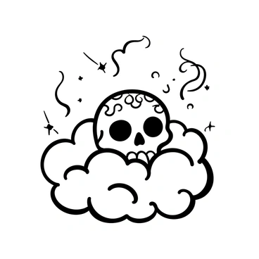 A "dreamlike skull" is floating gently among fluffy, billowing clouds of various sizes. The skull is intricately detailed with ornate patterns engraved on its surface, giving it an ethereal appearance. Surrounding the skull, the clouds are dense and layered, creating a sense of depth in the surreal environment. Wisps of vapor drift lazily around the skull, enhancing its otherworldly presence. The overall composition evokes a sense of mystery and whimsy within this cloud-filled setting.