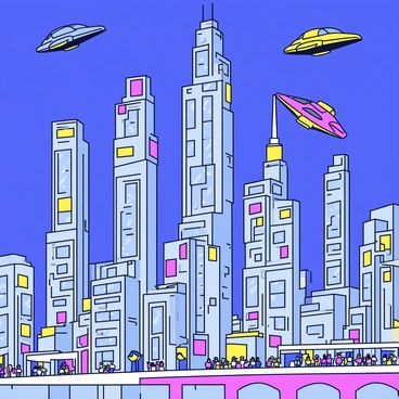 A futuristic cityscape filled with towering skyscrapers that have sleek and modern designs. The buildings are illuminated with bright neon lights in various colors, creating a vibrant atmosphere. Flying cars zip through the air, showcasing a diverse range of shapes and sizes. Below, there are walkways with small crowds of people, highlighting the busy urban life. The sky is a deep blue, contrasting with the colorful lights of the city.