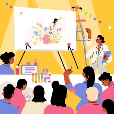 An artist stands on a brightly lit stage, surrounded by various art supplies. The artist is focused on creating a colorful illustration on a large canvas, using vibrant markers and paintbrushes. A captivated audience of diverse individuals watches intently, with some holding sketchbooks and others taking notes. The stage is adorned with colorful banners and lights that enhance the lively atmosphere of the event. The expressions on the faces of the audience members reflect their enthusiasm and admiration for the artist's work.