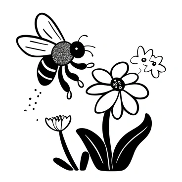 A honeybee with a detailed, textured body is shown in mid-flight, hovering above a native flower with intricate petal designs. The flower has multiple layers of petals, displaying a unique shape, and is surrounded by a few leaves with visible veins. The honeybee is extending its legs toward the flower, with grains of pollen visibly clinging to its legs. In the background, there are hints of other flowers, creating a sense of a vibrant environment. A sense of movement is depicted with lines showing the bee's flight path.