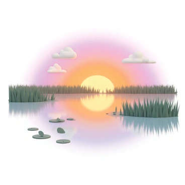 A vibrant sunset with hues of orange, pink, and purple radiating across the sky. The sun is halfway below the horizon, casting a warm glow. The still waters of the marsh reflect the colors of the sky, creating a mirror-like effect. Lush green reeds are visible at the edges of the marsh, gently swaying in the light breeze. Soft clouds are scattered across the sky, adding texture to the scene. In the foreground, a few lily pads float on the water's surface, completing the tranquil composition.