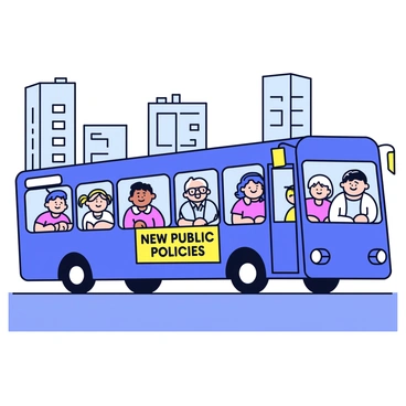 A blue city bus with a banner on the side that reads "New Public Transport Policies!" in bold yellow letters. The bus has large windows where several passengers can be seen smiling. Inside, the passengers include a young girl with pigtails, an elderly man with glasses, and a woman with curly hair, all sitting comfortably in their seats. The bus is parked at a busy city street with tall buildings in the background.