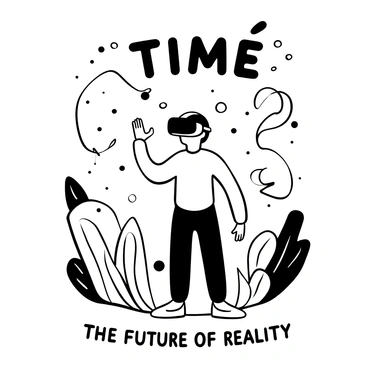 A person with short hair wearing a virtual reality headset stands in the center of the image, surrounded by a swirling array of digital elements representing a virtual reality landscape. The individual is reaching out with one hand as if interacting with the immersive environment. The words "TIME" are displayed prominently at the top in bold letters, while the text "The Future of Reality" is located at the bottom. Abstract shapes and patterns fill the background, enhancing the sense of a futuristic digital realm.