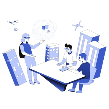 A group of people is interacting with advanced technology in an urban environment. One person is using a holographic display to communicate, with floating icons and data visible in the air. Another individual is wearing augmented reality glasses, engaged in a virtual task with a digital interface projected in front of them. A third person is seated at a sleek, minimalist table, typing on a smart device with a touch-sensitive surface. Surrounding them, there are futuristic buildings with smooth lines and glass facades, and drones are flying overhead. The scene captures a blend of human activity and innovative technology seamlessly integrated into daily life.