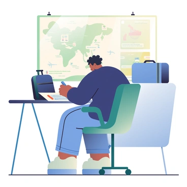 A traveler with medium brown skin and short curly hair is sitting at a small desk in a lost luggage office. They are wearing a navy blue jacket and jeans. The traveler is focused on filling out forms with a blue pen, and several papers are spread out in front of them, including a claim form with a visible header that reads "Lost Luggage Claim." Behind the traveler, there is a large map of the airport on the wall. To the side, a white counter displays various items left unclaimed, including a blue suitcase and a black backpack. The office has soft lighting, creating a warm atmosphere.