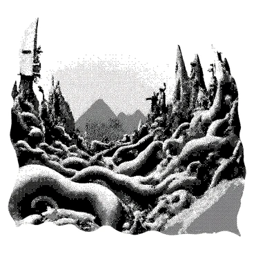 A landscape features undulating forms that resemble organic shapes intertwined with mechanical elements. The terrain is rugged and textured, with twisting ridges and valleys. Various structures, resembling alien machinery, protrude from the ground, merging seamlessly with the landscape. The scene includes intricate details such as pipes and circuits integrated into the natural contours, creating a sense of an otherworldly ecosystem where technology and nature coexist.