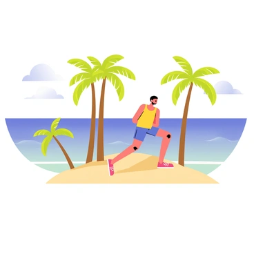 A person standing on a small sandy island is performing calf raises. The individual is wearing a bright yellow tank top and blue shorts. Surrounding them are several tall palm trees with green fronds swaying gently in the breeze. In the background, the ocean stretches out, displaying a gradient from deep blue to turquoise, with gentle waves lapping at the shore. The sky is clear with a few fluffy white clouds. Sunlight casts vibrant shadows on the sand as the person focuses on their exercise.