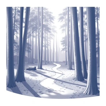 A forest pathway meanders through a dense area of tall, lush trees. The trees are straight and towering, with thick trunks and a full canopy above. The ground is covered with leaves and twigs, suggesting a natural, earthy environment. Sunlight filters through the branches, creating dappled patterns on the pathway. The pathway curves gently, inviting the viewer to imagine walking deeper into the forest. A sense of tranquility is conveyed by the stillness of the scene.