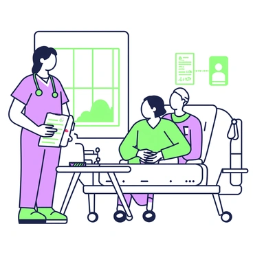A caregiver is standing in a hospital room, explaining the diagnosis process to a concerned family. The caregiver is wearing scrubs and has a calm expression while holding a clipboard. In front of the caregiver, there is a medical chart on a small table with various notes. The family members are seated on a hospital bed; one adult is visibly worried, with their hands clasped together, while another leans forward, listening intently. A large window is visible in the background, providing natural light to the room. There are medical equipment and a poster detailing symptoms on the wall nearby.