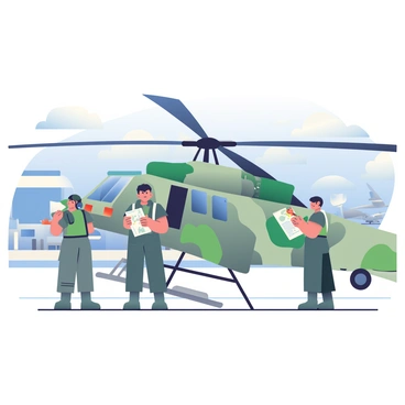 A crew of four individuals in military uniforms is standing beside an NH90 helicopter on the tarmac of an airbase. The helicopter is painted in a camouflage pattern, featuring shades of green and grey. One crew member, with short black hair and wearing a flight helmet, is checking the helicopter's rotor blades while another is inspecting the cargo area. A third crew member is holding a flight map, pointing to a specific location. In the background, there are several hangars and other military aircraft parked at the airbase. The sky is clear with a few scattered clouds, indicating a bright day.