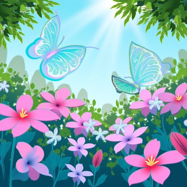 A vibrant garden filled with an array of colorful, real flowers in full bloom. Among the flowers, there are digital butterflies that flutter gracefully, their wings shimmering with iridescent patterns. The butterflies have intricate designs, showcasing a variety of colors such as electric blue, neon green, and bright yellow. The sunlight cascades through the leaves, creating a dappled effect on the ground, while the digital butterflies interact with the real flowers, landing delicately on their petals. In the background, there are lush green plants and a clear blue sky, enhancing the scene's vibrancy. The overall atmosphere conveys a seamless blend of nature and technology.