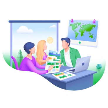 A modern pastel illustration depicting a financial advisor sitting at a desk with a laptop open, assisting a young couple. The couple, a man with dark hair and a woman with blonde hair, looks engaged and interested as they discuss their travel savings plan. Charts and travel brochures are scattered across the desk, featuring picturesque destinations. Behind them is a large window showcasing a bright, sunny day with a few fluffy clouds. A world map is hung on the wall, adorned with colorful pins marking various travel spots.
