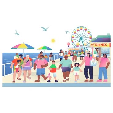 A lively seaside boardwalk is filled with a diverse group of people strolling and enjoying their time. There are families with children laughing, couples holding hands, and groups of friends chatting animatedly. Colorful beach umbrellas are scattered along the sides, providing shade for beachgoers. In the background, a tall Ferris wheel with bright lights is spinning gently, and there are food stalls with vibrant signage offering snacks like cotton candy and hot dogs. The ocean waves are visible in the distance, and seagulls are flying above, adding to the lively atmosphere. The sun is shining brightly, creating a warm and inviting scene.