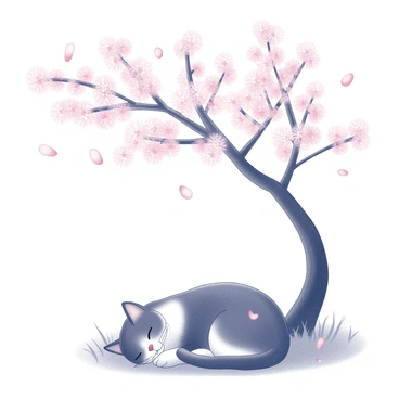 A cat is sleeping peacefully beneath a cherry blossom tree. The cat is curled up softly, with its fur fluffed out, showcasing its relaxed posture. The tree has numerous branches adorned with delicate pink flowers, and petals are gently falling from the tree, creating a light shower of blossoms around the sleeping cat. The scene captures the tranquility of nature, with the cat nestled comfortably in the soft grass below the tree.