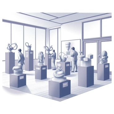 A spacious art gallery with high ceilings and large windows allowing natural light to flood the space. The walls are adorned with various sculptures and installations made from soap, showcasing intricate designs and unique shapes. Each piece of soap art is displayed on pedestals, highlighting the craftsmanship and creativity involved. Visitors are seen examining the artworks closely, appreciating the textures and forms. Informational placards are positioned beside each piece, providing details about the artist and the inspiration behind their work. The flooring is polished wood, enhancing the overall aesthetic of the gallery.