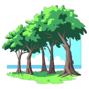 A row of tall tamarind trees stands majestically, their broad green leaves creating a canopy overhead. Sunlight filters through the branches, casting soft shadows on the ground. The ground beneath the trees is dappled with patches of light and dark, creating a contrast between the vibrant green grass and the earthy soil. The trunks of the tamarind trees are thick and textured, with rough bark showcasing the natural beauty of the trees. In the distance, a bright blue sky peeks through the leaves, enhancing the tranquil atmosphere of the scene.