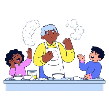 A parent with a round figure is standing in a bright kitchen, wearing an apron covered in flour. The parent is playfully tossing flour into the air, creating a light cloud of white. Two children, one with curly hair and the other with straight hair, are laughing and reaching out to catch the falling flour. The kitchen countertop is cluttered with baking ingredients like flour, sugar, and a mixing bowl. There are traces of dough on the countertop and flour scattered around, adding to the fun mess they are creating together.