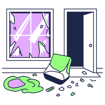 A crime scene inside a house is depicted with a broken window, where shards of glass are scattered across the floor. The window frame has jagged edges, and the light from outside casts shadows on the floor. In the foreground, a small area rug is partially obscured by the glass shards. Nearby, there is a piece of furniture, possibly a chair, tilted at an odd angle. In the background, a door is slightly ajar, leading to a shadowy hallway. Investigative tools, like a evidence marker, are placed on the floor next to the glass, suggesting an ongoing investigation.