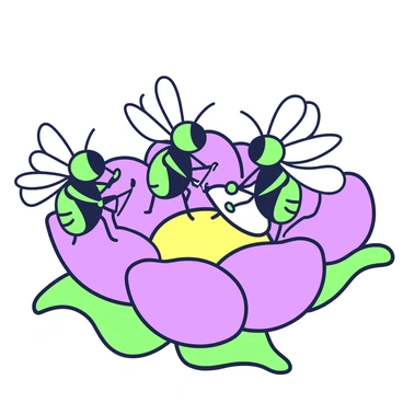 A group of flies is positioned on a vibrant flower stage, surrounded by petals in various shapes. Each fly holds a small instrument: one has a tiny violin, another plays a miniature flute, and a third is tapping a small drum. The flies are animated, their wings glimmering as they engage in their performance. The flower stage, with its large open petals, serves as a natural platform for the band, providing a colorful backdrop for their musical act.