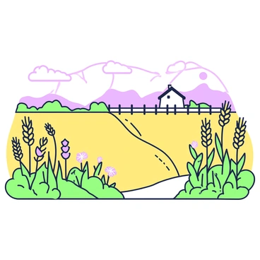 A golden wheat field stretches across the horizon, with tall stalks of wheat bending gently in the breeze. The sun hangs low in the sky, casting long shadows across the ground. A few fluffy clouds drift lazily above, and in the distance, a small wooden fence runs parallel to the field. Alongside the fence, wildflowers bloom sporadically, adding variety to the landscape. In the foreground, a dirt path cuts through the wheat, leading towards a distant farmhouse that is partially obscured by the waving wheat.