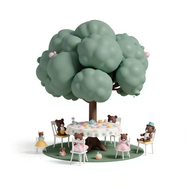 A cozy backyard tea party scene, set under the shade of a large, leafy tree. A round table is covered with a colorful tablecloth adorned with floral patterns. On the table, there are delicate tea cups and a teapot, all arranged neatly. Surrounding the table are several teddy bears, each dressed in charming outfits, sitting in small chairs. There are also a few dolls, with brightly colored dresses and detailed hairstyles, placed carefully around the table. Soft sunlight filters through the tree branches, casting gentle shadows on the grass below, creating a warm and inviting atmosphere.