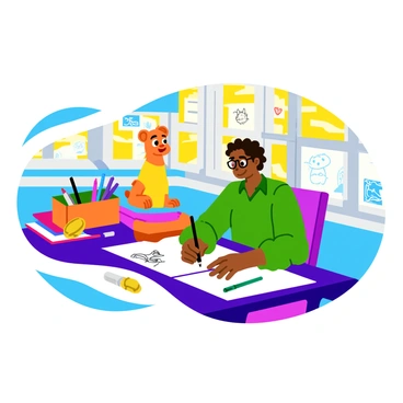 An illustrator working at a large desk, filled with a variety of colorful sketches and notes scattered around. The illustrator, a person with curly hair and glasses, is focused on drawing a whimsical character with exaggerated features, like big eyes and a large smile. There is a vibrant palette of markers and pencils on the desk, alongside character designs that include playful animals and imaginative creatures. Sunlight streams through a nearby window, illuminating the creative workspace and adding a lively atmosphere.