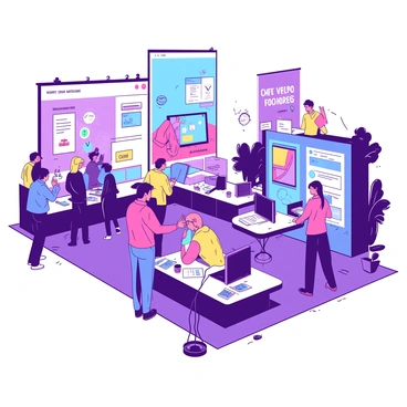 A vibrant trade show booth designed in a modern style features multiple interactive displays. Each display showcases different products or services, with bright screens illustrating engaging content. Eager visitors gather around, some touching the screens while others discuss the features enthusiastically. The booth is adorned with colorful banners, and promotional materials are neatly arranged on tables. The atmosphere is lively, with visitors exchanging ideas and business cards, creating a dynamic environment filled with excitement and innovation.