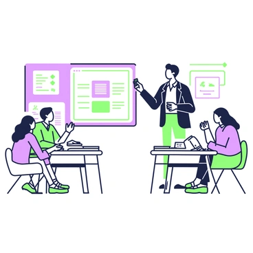 A trainer stands at the front of a classroom, addressing a group of employees who are seated at desks. The trainer wears a smart blazer and holds a remote control in one hand while gesturing towards a large screen displaying a presentation. The screen features bullet points and an infographic. The employees are focused, some taking notes on notepads, while others are looking at the screen. The room is organized with rows of desks and chairs, and a whiteboard is visible on one side, with notes written in green and purple markers.