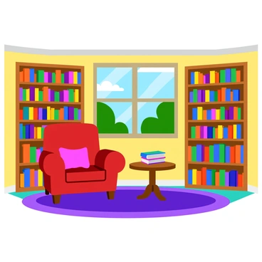 A cozy library filled with tall wooden bookshelves that reach the ceiling, stocked with a variety of colorful books arranged neatly. In the center of the room, there is a plush reading chair upholstered in deep red fabric, positioned next to a small round wooden table. A large window on one wall allows sunlight to stream in, illuminating the space and offering a view of green trees outside. Soft throw pillows are scattered on the chair, and a small stack of books rests on the table, creating an inviting reading nook.