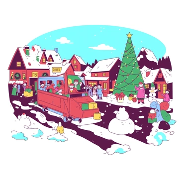 A vibrant holiday parade is taking place in a snow-covered village. Colorful floats decorated with twinkling lights and festive ornaments glide down the street. Cheerful villagers, bundled in warm clothing, wave to the crowd and smile as they enjoy the festivities. Snowflakes are gently falling from the sky, creating a magical winter atmosphere. The village buildings are adorned with colorful wreaths and strings of lights, enhancing the joyful scene. Children can be seen building snowmen on the side, while a group of carolers sing merrily near a large Christmas tree at the center of the village.