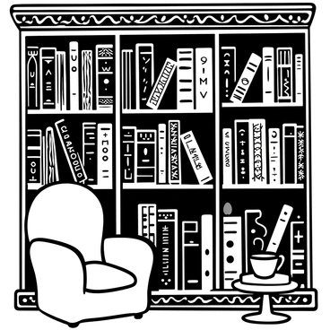 A bookshelf filled with numerous classic novels, showcasing intricate vintage bindings with ornate patterns. Each book features gold lettering on the spines that glimmers against the black background. The shelves are richly detailed with ornate carvings, adding to the vintage charm. Some books are stacked horizontally, while others are arranged vertically, creating a dynamic composition. A cozy reading nook is visible beside the bookshelf, with a plush armchair and a small, round side table holding a steaming teacup.