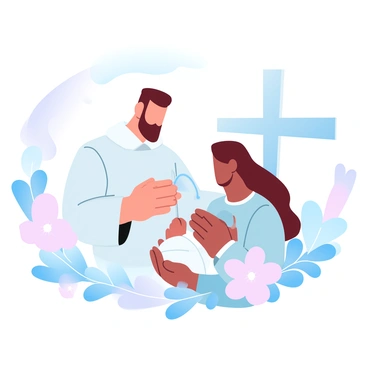 A pastor dressed in white robes is gently pouring water over the head of a baby during a baptism ceremony. The baby is wrapped in a soft, white cloth and is held securely by a parent. Soft pastel colors fill the background, creating a serene atmosphere. Surrounding them are decorative elements like flowers and candles, symbolizing new life and hope during Easter. A large decorative cross is visible in the backdrop, enhancing the spiritual significance of the event.