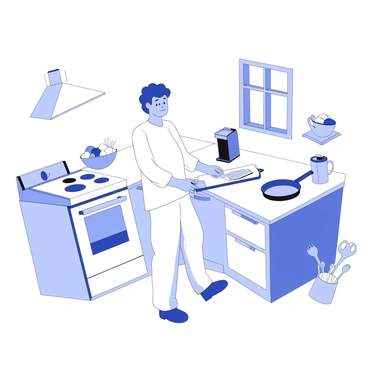 A person is standing in a stylish kitchen, engaged in preparing breakfast. They are wearing comfortable Gant pajamas. The kitchen features modern appliances, including a sleek oven and a coffee maker on the countertop. The person is chopping vegetables on a cutting board, with a frying pan heating on the stove. There are colorful fruits in a bowl nearby and a window that provides natural light to the space. A kettle is resting on the edge of the countertop, and a set of neatly organized utensils is visible in a holder.