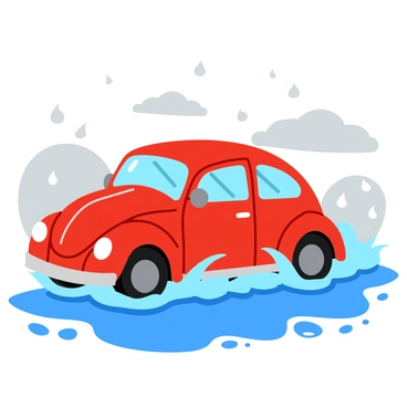 A bright red Beetle car is driving through large puddles on a rainy day. The car splashes water as it moves, creating ripples in the puddles around it. Raindrops are visible on the windows, creating a pattern of tiny droplets. In the background, gray clouds fill the sky, with more raindrops falling in the scene. The road is slick and shiny from the rain, reflecting the colors of the car and the surrounding environment.