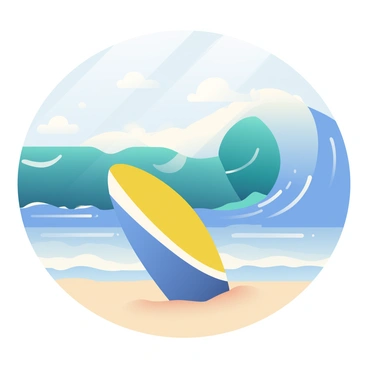 The left half of a surfboard with a vibrant blue and yellow design is positioned prominently in the foreground. The surfboard is resting on a sandy beach, partially buried in the fine, light-colored sand. In the background, large ocean waves are crashing against each other, creating white foam at their crests. The water has various shades of blue, with hints of turquoise visible near the shoreline. The sky above is clear with a few scattered white clouds, allowing sunlight to glisten on the surface of the water.