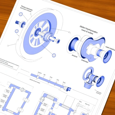 A detailed blueprint of a hydropower turbine is laid out on a large sheet of paper. The turbine is depicted in a side view, showcasing its large circular rotor blades, which are designed to harness water flow efficiently. Each blade is labeled with its specific dimensions and angles. The casing of the turbine is outlined, with arrows indicating the direction of water flow entering and exiting the system. 

Next to the turbine, there are annotations explaining the mechanics of the water intake system, including screens and gates. A cross-section of the generator is included, illustrating the alignment of the rotor and stator. Various components such as bearings, shafts, and couplings are meticulously detailed, with each part labeled for identification. 

At the bottom of the blueprint, an overview of the entire hydropower system is presented, showing pipes, reservoirs, and turbines arranged in a flowchart format.