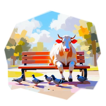 A large brown cow sitting comfortably on a wooden park bench, with its head turned slightly to the side. The cow is surrounded by several gray and white pigeons, pecking at crumbs scattered on the ground. The scene is set under a bright blue sky dotted with fluffy white clouds, and the sun casts warm light over the park. In the background, there are green trees and a path winding through the park, enhancing the tranquil atmosphere of the scene.