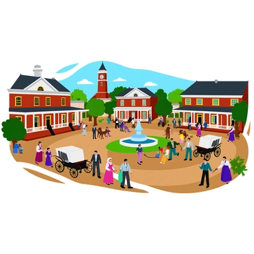 A Southern town square during the Civil War era filled with townspeople engaging in various activities. There are several horse-drawn carriages parked along the cobblestone streets, some carrying goods and others transporting passengers. The square is surrounded by charming brick buildings with large wooden porches and colorful banners hanging from them. A group of women in period dresses converses near a fountain, while children play nearby. Men in waistcoats and hats walk with purpose, discussing matters of the day. Trees are scattered around the square, providing shade and a sense of community. In the background, a tall clock tower can be seen rising above the buildings, indicating a sense of time and place.