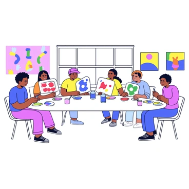A group of five individuals sitting at a long table covered in white paper. Each person has a different canvas in front of them, displaying various colors and brush strokes. One participant is using bright red paint to create abstract shapes, while another is mixing blue and yellow for a green hue. There are paintbrushes, palettes, and jars of water scattered across the table. In the background, there are vibrant murals on the walls, and a large window allows natural light to fill the room.