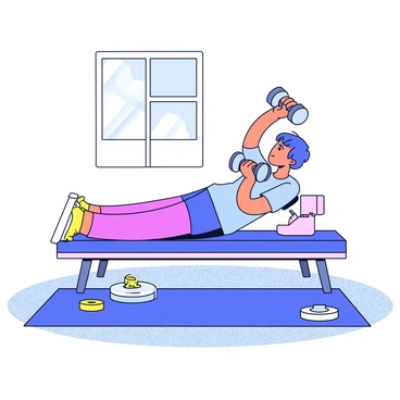 A person performing a dumbbell bench press on a flat bench in their living room. The individual is focused, with arms extended upward, holding a dumbbell in each hand. The living room features a soft, textured carpet underneath. A blue yoga mat is laid out on one side of the bench. Various weights are scattered nearby, including small plates and a larger weight. Sunlight streams through a window, illuminating the scene.