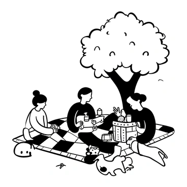 A family sitting on a checkered picnic blanket under the shade of a large, leafy hedge. There is a picnic basket open with various foods like sandwiches and fruits visible. A couple of drinks are placed next to the basket. One child is reaching for a sandwich while another is playing with a frisbee nearby. A small dog is lying on the blanket, and a few butterflies are fluttering around the scene.