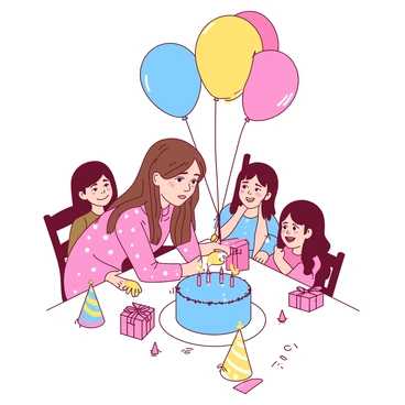 A girl with long brown hair is sitting alone at a birthday party table, her face glistening with tears. She wears a pink party dress adorned with white polka dots. Around her, colorful balloons in yellow and blue float above the table, which is decorated with a white tablecloth and a blue birthday cake in the center. Party hats and gifts are scattered across the table, while other children can be seen laughing and playing in the background. The girl's expression reveals a sense of sadness and isolation amidst the festive atmosphere.